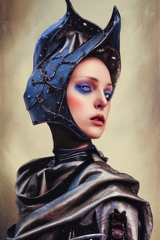 Image similar to hyperrealism oil painting, close - up portrait of european medieval brunette vampire fashion model, knight, steel gradient mixed with nebula sky, in style of baroque