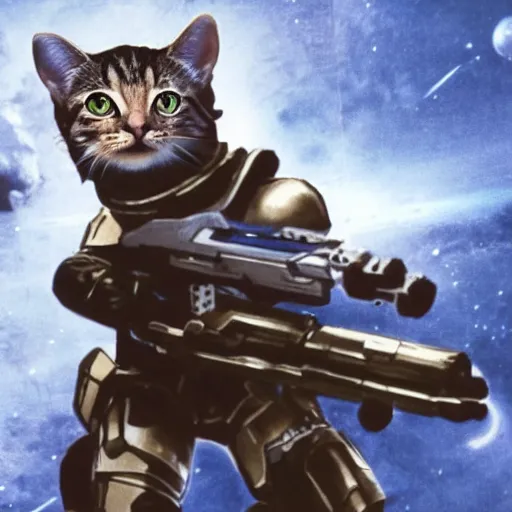 Image similar to a feline space warrior in combat armor fighting with an energy rifle,