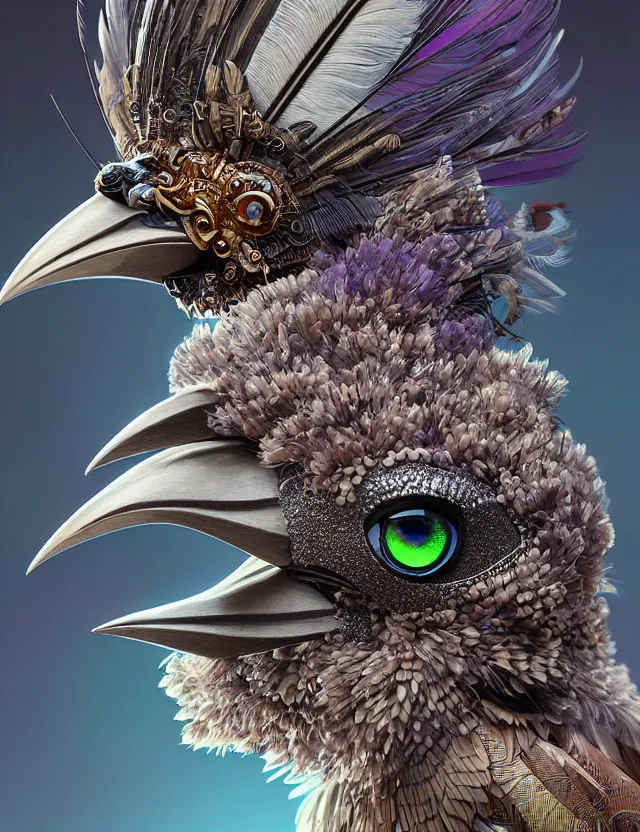 Image similar to 3 d goddess close - up profile portrait with feathers, fur, and bones. beautiful intricately detailed kookaburra mask and retrowave sorceress outfit. lizard scales, reflective chitin, optical mineralogy, songlines, plasma, creature, artwork by tooth wu and android jones wlop and android jones and beeple and greg rutkowski