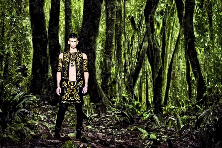 Image similar to versace avant garde male tunics intricate modern choatic textiles streetwear cyberpunk posing in the jungle woods cloudy overcast dark dramatic mysterious