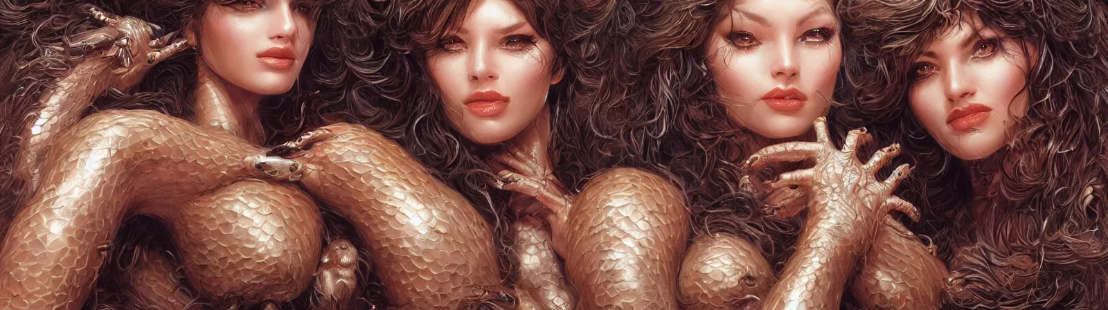 Prompt: beauty woman wrapped in bear fur, snakes for hair, detailed face, surrounded by spiders, very detailed, dramatic lighting, detailed mechanical hands, electrical details, high details, 4k, 8k, trending on artstation, by Hajime Sorayama and Boris Vallejo