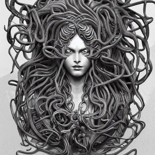 Image similar to medusa, highly detailed, symmetrical long head, smooth marble surfaces, detailed ink illustration, raiden metal gear, cinematic smooth stone, deep aesthetic, concept art, post process, 4k, carved marble texture and silk cloth, latex skin, highly ornate intricate details, in the style of frank miller