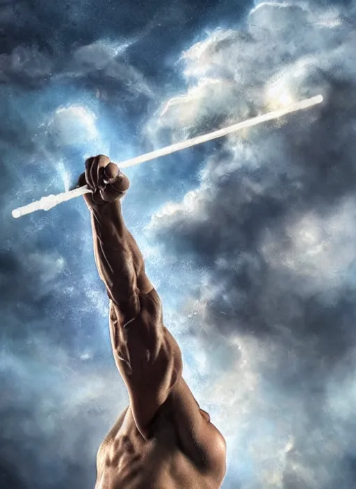 Image similar to muscular magician with a huge sparkeling magic wand spreading lightnig strokes from his hand, in clouds, by boris valejo, extreme detail, reflections, trending on artstation, 8 k