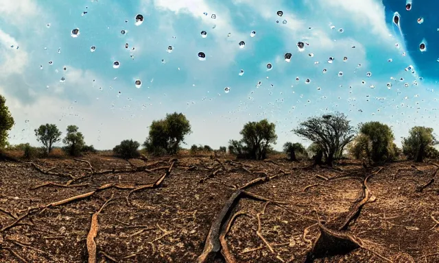 Image similar to panorama of big raindrops flying upwards into the perfect cloudless blue sky from a dried up river in a desolate land, dead trees, blue sky, hot and sunny highly-detailed, elegant, dramatic lighting, artstation, 4k, cinematic landscape, photograph by National Geographic