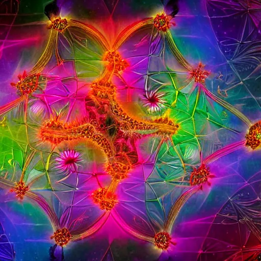 Image similar to fractal strandbeest wandering through colorful nebulas on the fringes of the edge of realitys rainbow, illustration with colors that pop