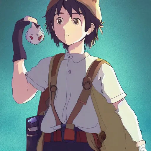 Image similar to friendly guy and small creature , with Fragile looking character portrait face made in Studio Ghibli artstyle ,highly detailed art, beautiful scene, sharp focus, smooth, 8k, anime art, fantasy, style in ghibli anime style