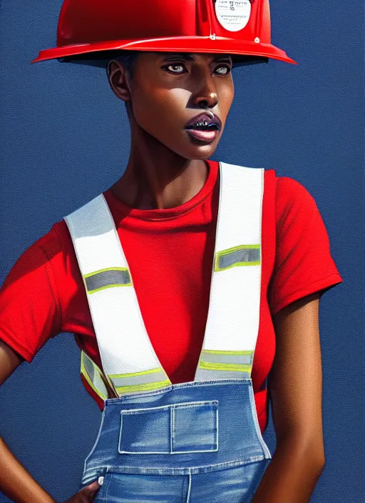 Image similar to full body portrait of young black woman as a firewoman, white t - shirt and blue denim overalls, red firemans helmet, intricate, beautiful and elegant, highly detailed, digital painting, artstation, concept art, smooth, sharp focus, illustration, art by wlop, mars ravelo and greg rutkowski