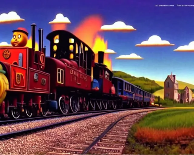 Image similar to locomotive by jack yerka, still frame from thomas and friends by wojciech siudmak, thomas train by rafal olbinski, grandoise surreal train with locomotive and endless wagons, steam _ locomotive steam _ locomotive steam _ locomotive