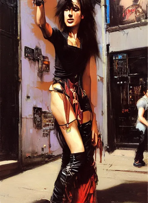 Image similar to androgynous glam rocker outside cbgb in the style of phil hale, sfumato Orientalist portrait by john william waterhouse and James Gurney, Syd Mead, Phil Hale, oil on canvas. Cinematic, hyper realism, realistic proportions, dramatic lighting, high detail 4k