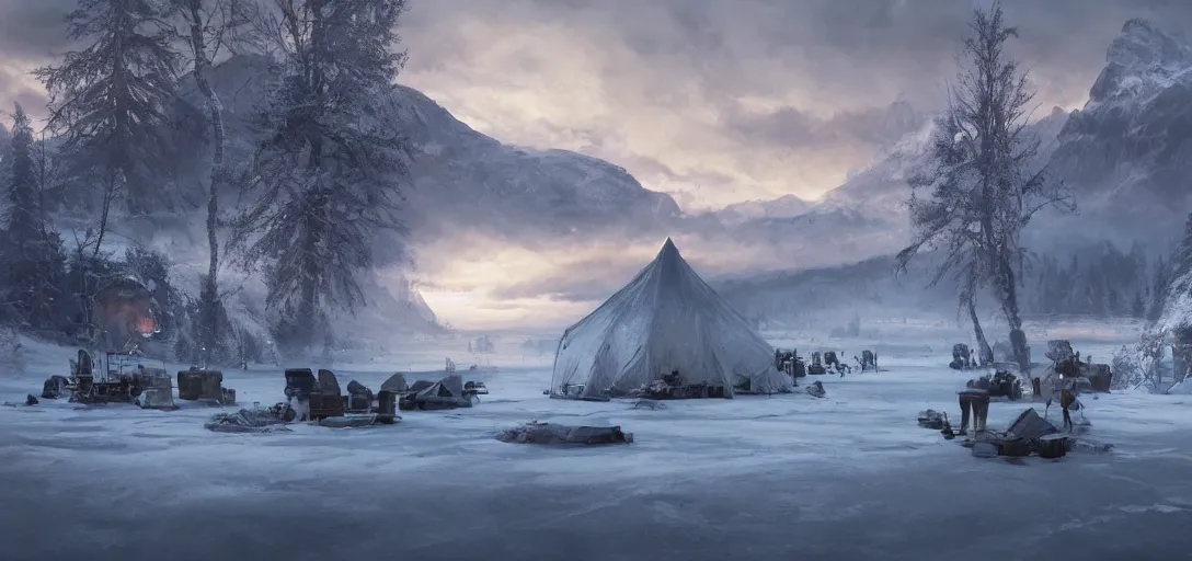 Prompt: beautiful render of a winter landscape, unreal engine, first light, majestic mountains, frozen lake, snow, dramatic clouds, encampment, soft light, by greg rutkowski, cgsociety