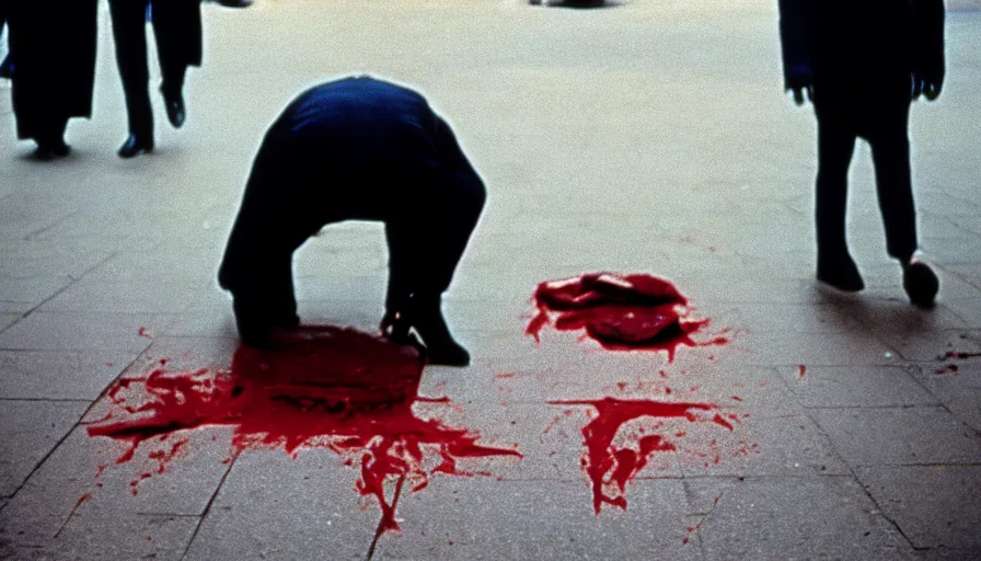 Image similar to 1 9 7 0 s movie still of maximilien de robespierre's head on the pavement with blood, cinestill 8 0 0 t 3 5 mm, high quality, heavy grain, high detail, cinematic composition, dramatic light, anamorphic, ultra wide lens, hyperrealistic