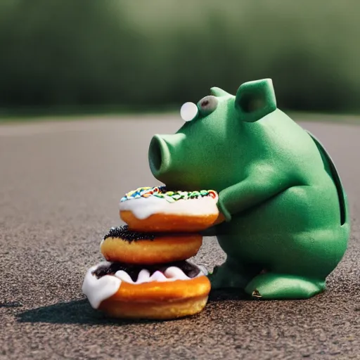 Image similar to A photography of green pig eating donuts, 4k, winning awards, HD