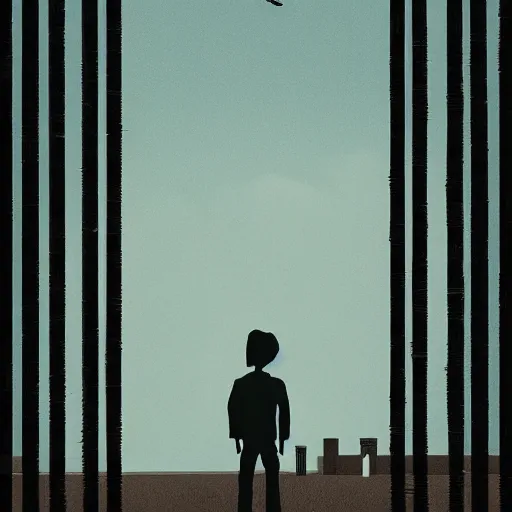 Image similar to a dystopian matte painting of a scared man standing in front of a fence with barbed wire by emiliano ponzi, james gilleard, george ault, david hockney, atey ghailan, albert namatjira, marius borgeaud, minimalist, bauhaus, retrofuturism, concept art, matte background, matte drawing, generative art