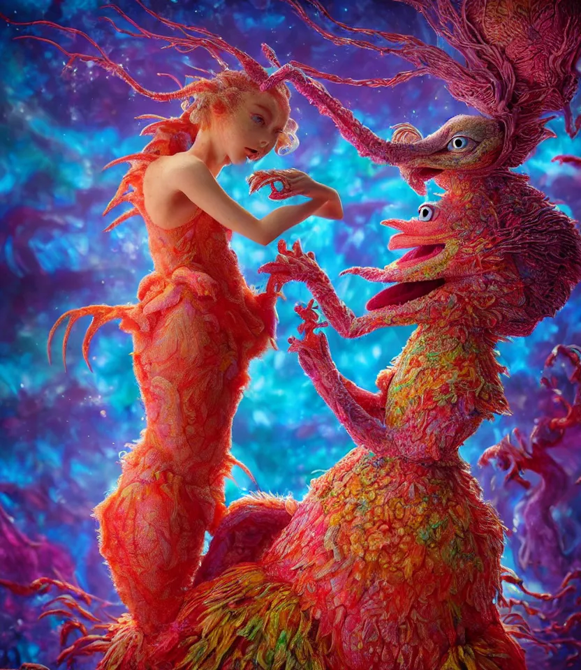 Prompt: hyper detailed 3d render like a Oil painting - kawaii portrait of lovers embrace Aurora (a beautiful girl skeksis muppet fae princess protective playful expressive acrobatic from dark crystal that looks like Anya Taylor-Joy) seen red carpet photoshoot in UVIVF posing in scaly dress to Eat of the Strangling network of yellowcake aerochrome and milky Fruit and His delicate Hands hold of gossamer polyp blossoms bring iridescent fungal flowers whose spores black the foolish stars by Jacek Yerka, Ilya Kuvshinov, Mariusz Lewandowski, Houdini algorithmic generative render, golen ratio, Abstract brush strokes, Masterpiece, Edward Hopper and James Gilleard, Zdzislaw Beksinski, Mark Ryden, Wolfgang Lettl, hints of Yayoi Kasuma and Dr. Seuss, Grant Wood, octane render, 8k