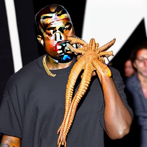 Image similar to kanye with a facehugger from alien on his head