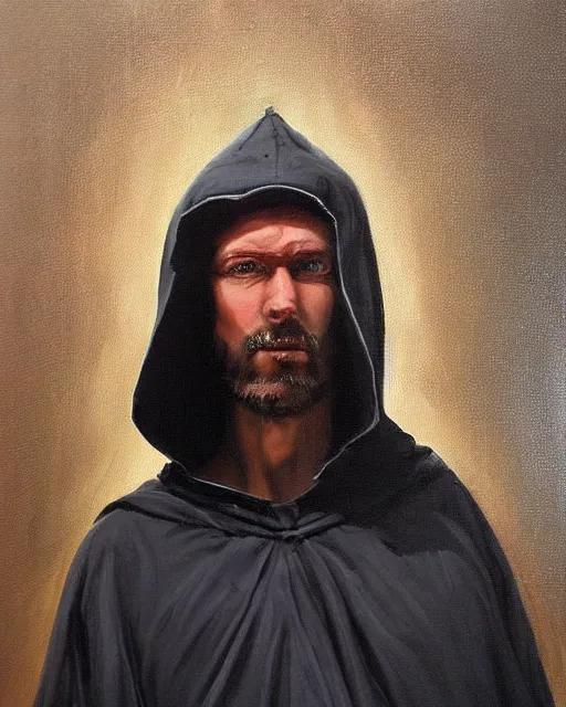 Image similar to oil painting portrait of a man in dark robes, hooded, made by greg rukowtski, fantasy, moodly