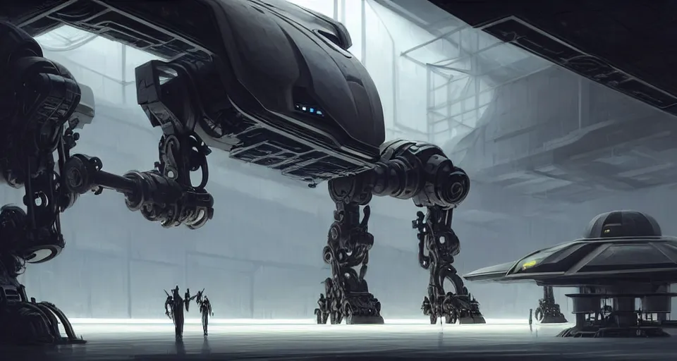 Image similar to hyper realistic sci - fi matte concept art painting of giant scopion - like robot in a starship hanger, starship in background, beautiful details, strong composition painted by kim jung guweta studio rutkowski, james gurney and greg rutkowski, and lucasfilm, smooth, intricate, detailed, sharp focus, cinematic