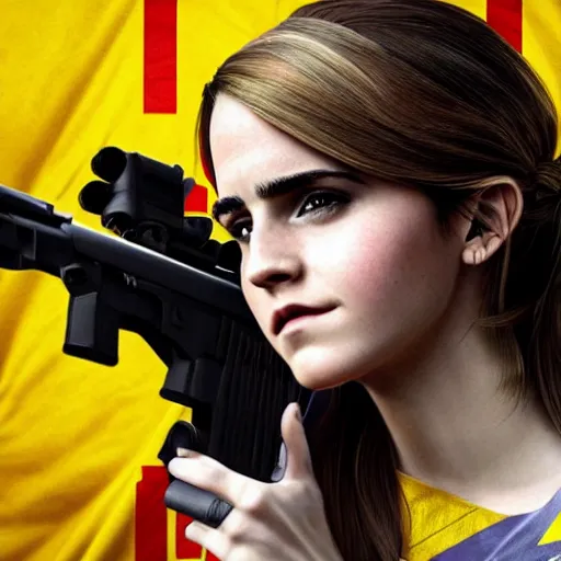 Image similar to Emma Watson a dressed as Catalan Terrorist in CSGO ,hyperrealistic, 8k UHD, studio photography, high quality, high detail, stunning lighting