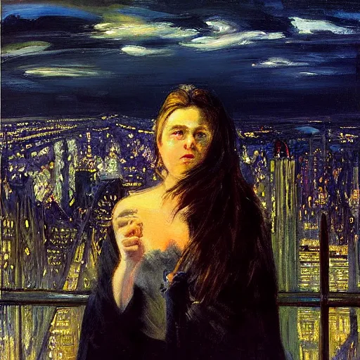 Image similar to “ a girl holding a lit cigarette looking down at a futuristic new york city below, ghostpunk, detailed face, oil painting, stormy sky, by george bellows ”