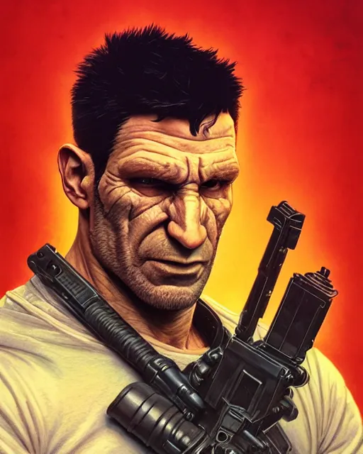 Image similar to highly detailed vfx portrait of the punisher as a teletubby, stephen bliss, unreal engine, greg rutkowski, loish, rhads, beeple, makoto shinkai and lois van baarle, ilya kuvshinov, rossdraws, tom bagshaw, alphonse mucha, global illumination, detailed and intricate environment