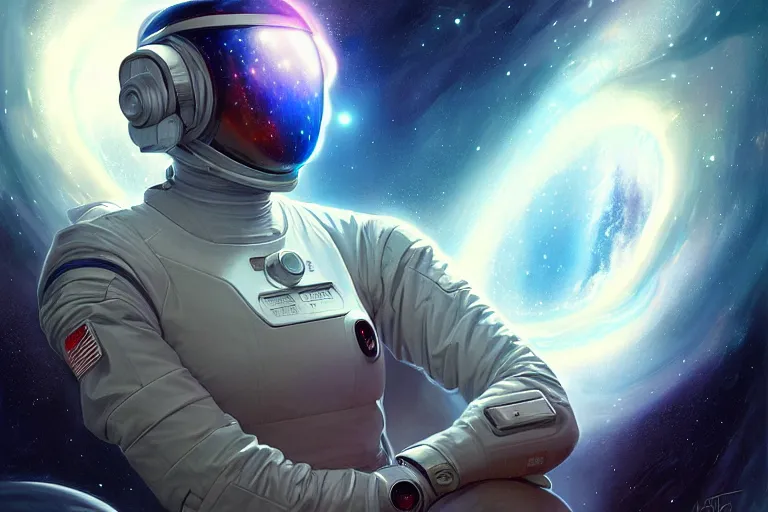 Image similar to Portrait of a Futuristic astronaut reflective visor reflecting a nebula supernova in space, portrait, elegant, intricate, digital painting, artstation, concept art, smooth, sharp focus, illustration, art by artgerm and greg rutkowski and alphonse mucha