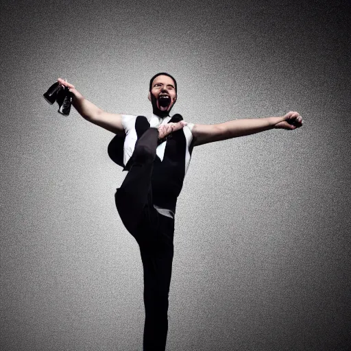 Image similar to a portrait of a man boisterously dancing around the room by himself holding an empty wine bottle as he jumps in the air, detailed facial expression, fine detail, dramatic lighting, award-winning photo UHD, 4K