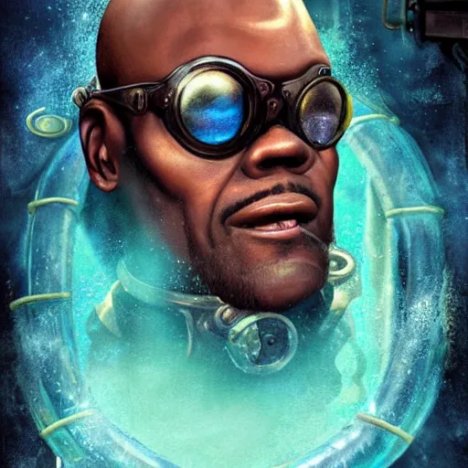 Image similar to underwater bioshock steampunk portrait of Samuel L. Jackson, Pixar style, by Tristan Eaton Stanley Artgerm and Tom Bagshaw.