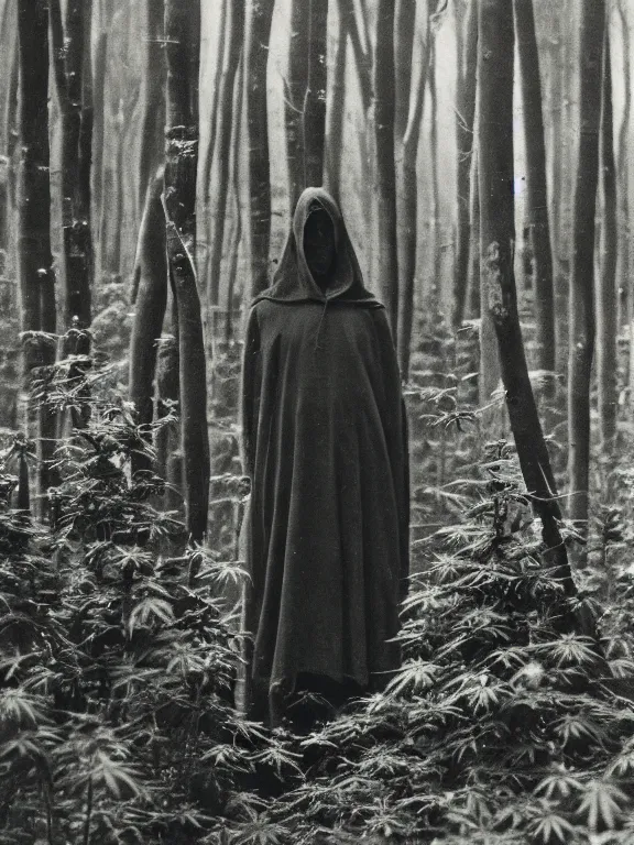 Image similar to hooded figure in cannabis forest, ww1 photo, grainy, high detail, high resolution,