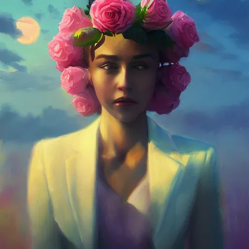 Prompt: closeup, huge rose flower on head, frontal, girl in a suit, surreal photography, sunrise, dramatic light, impressionist painting, digital painting, artstation, simon stalenhag