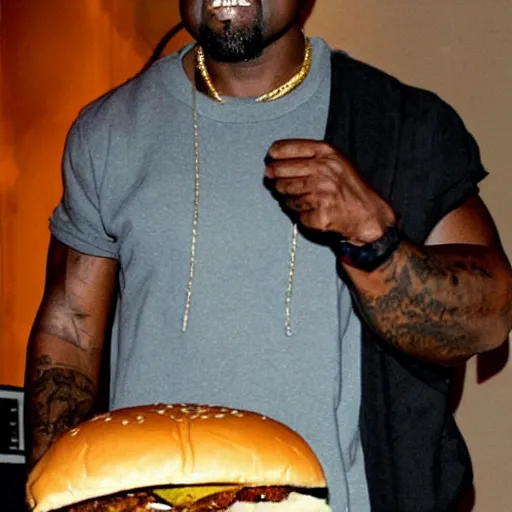 Image similar to kanye west holding a giant cheeseburger