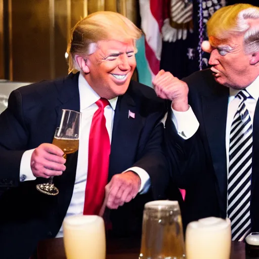 Prompt: joe biden and donald trump getting drunk together at a pub, laughing and joking, at night