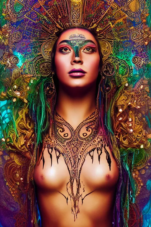 Prompt: a centered render of an mytical festival hippy with tribal tattoos wearing intricate metallic clothing surrounded by a underwater ink pour and flowing liquid gallium and sacred geometry, perfect body and face, gorgeous, cinematic, beautifully lit, by alberto seveso, by karol bak, by donato giancola, 3 d, trending on artstation, octane render, 8 k