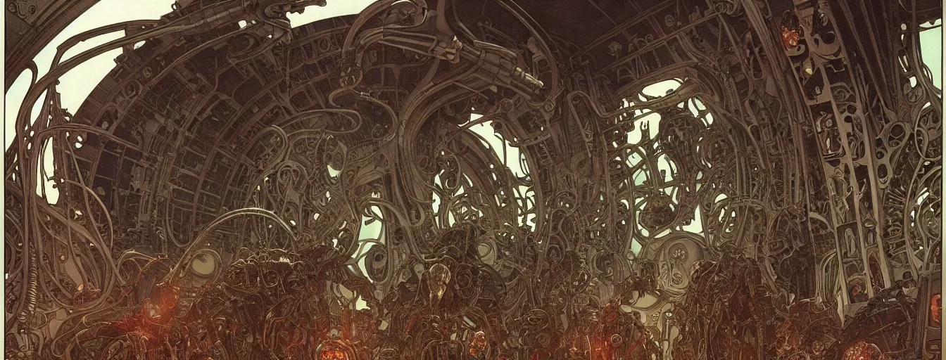 Image similar to doom, elden ring themed cinematic shot of the interior of a sf spaceship made with biomechanical architecture and highly advanced technology, intricate linework, style of moebius comic art, alphonse mucha, h. r. giger