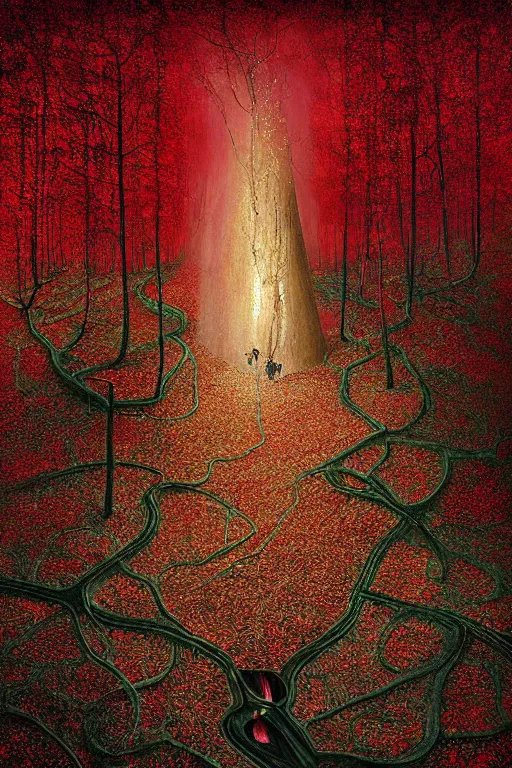Image similar to immaculate painting of A Beautiful fine detailed gold and red and black Forest Illusion by erik johansson micro detailing