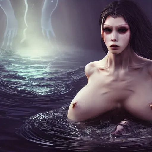 Image similar to beautiful, terrifying, demonic, full body female, with the body of a goddess, a beautiful porcelain face, with parasitic tentacles crawling up her, in a underwater horror scene, photo realistic, dramatic cinematic lighting, octane render, 4k, ultra detailed,