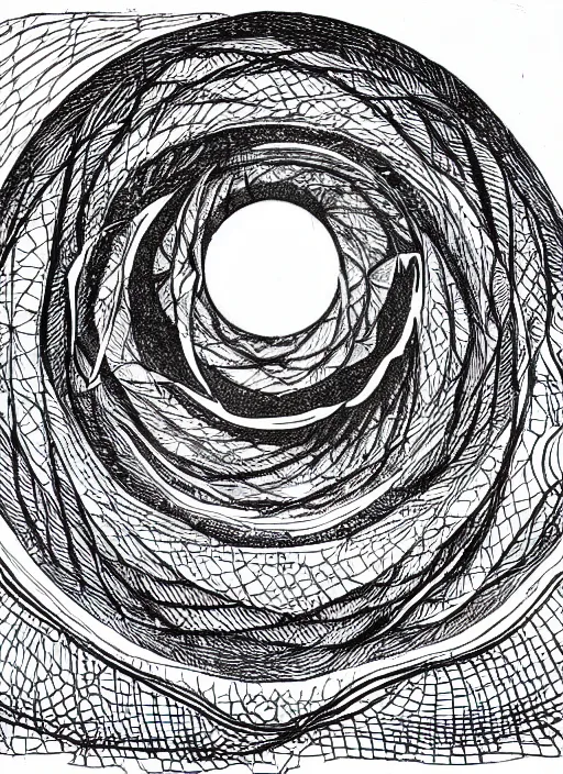 Prompt: a micron pen drawing of a wormhole, intricate