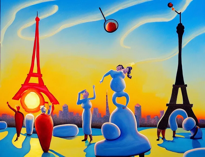 Prompt: a painting of a dancing ice sculture like the eiffel tower in paris with melting ice cream on the skyline of paris on a very sunny bright summer sunset day, very hot and the ice is melting fast and people are swimming in the icecream in the style of james jean and botero