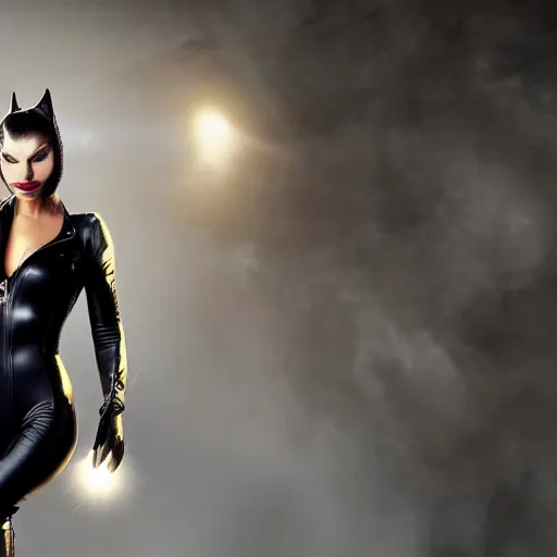 Prompt: a younger myanna buringas cat woman unzipping her jumpsuit, 8 k resolution hyperdetailed photo realistic, extremely high quality and life like