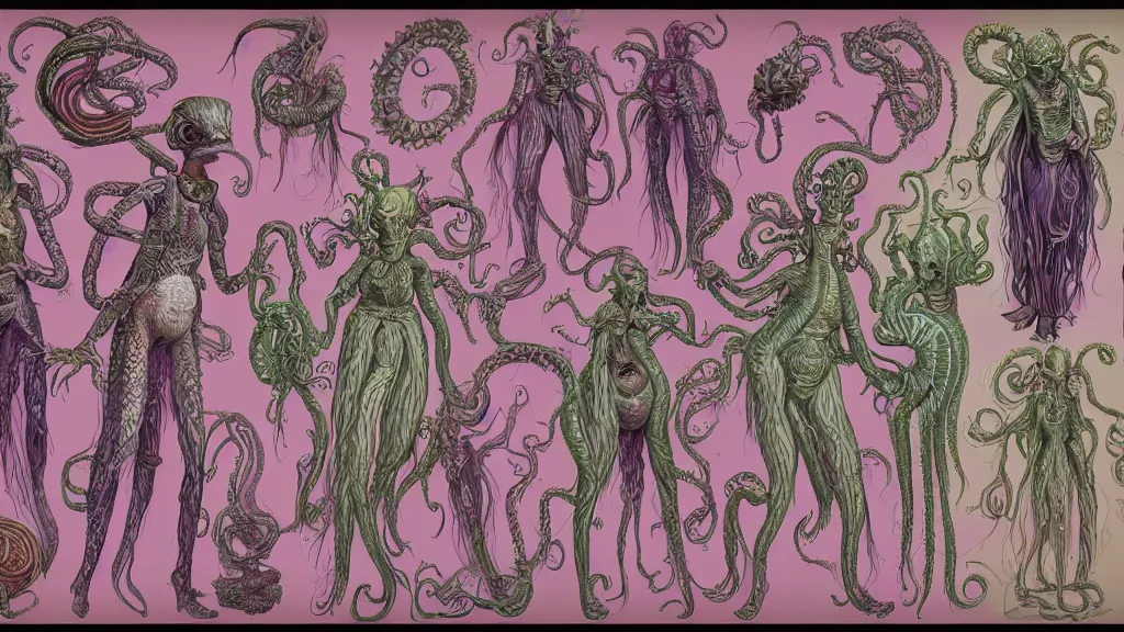 Image similar to highly detailed colorful character sheet for a stocky alien extraterrestrial victorian female servant maid with thick snake - like tentacles instead of hair, long dress with apron, ernst haeckel, jim henson creature shop, digital art, trending on artstation, hd, 8 k, good lighting, beautiful, rough paper, masterpiece