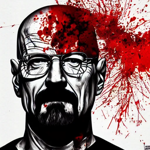 Prompt: an abstract blood splatter painting of walter white, hyperrealistic digital art