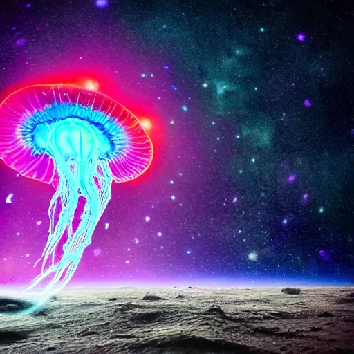 Image similar to over the shoulder photo of a man watching a magic cosmic glowing jellyfish in glowing cosmic stardust, colorful stars, galaxies, space, award winning photo, intricate, high detail, atmospheric, desolate