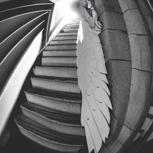 Prompt: a Biblically correct angel doing a kick flip down some stairs fish eye lens