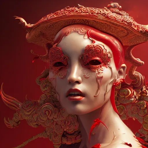 Image similar to The red alien lady, intricated traditional Chinese textures, rococo decorations, hyper detail, Unreal engine,Octane render, by Karol Bak