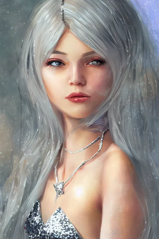 Image similar to a woman in a sequin dress, beautiful crystal necklace, long silver hair, digital art, airbrush, by ilya kuvshinov, krenz cushart, trending on artstation,