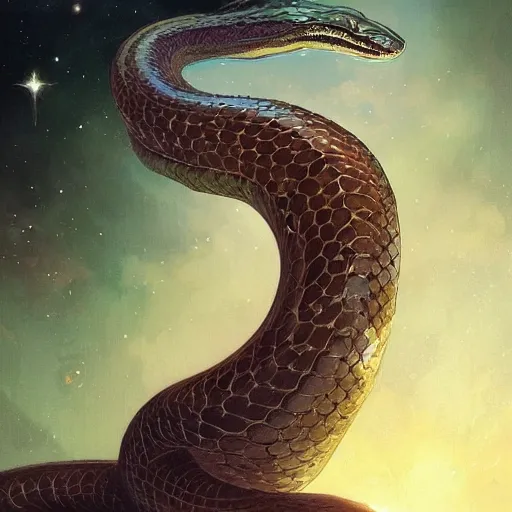 Prompt: serpent made of stars curled in the sky, extremely detailed, 8 k, fantasy, elegant, pale, highly detailed, digital painting, artstation, concept art, smooth, sharp focus, illustration, art by artgerm and greg rutkowski and alphonse mucha