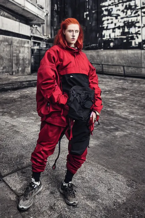 Image similar to beautiful red haired british woman in techwear, techwear look and clothes, Nike ACG, ACRNYM, Errolson Hugh, Y3, trending on r/streetwear, outfit photo, we see them from head to toe