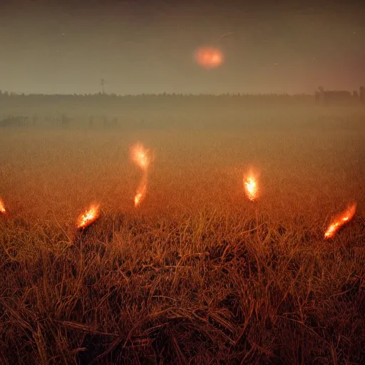 Image similar to A realistic detailed photo of a field, fire, fire particles, dead plants, cloudy sky, foggy landscape, light particles, detailed light, realistic shaders, trending on artisation, detailed textures, detailed, realistic.