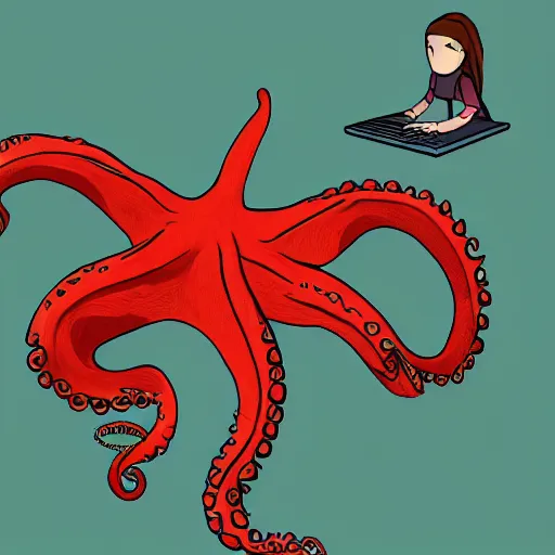 Prompt: Speculative evolution paleoart of laptop computer being used by an octopus in the style of Emily Willoughby