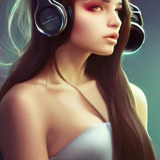 Image similar to beautiful full portrait of a girl, brunette curvy long hair, full - body shot, wearing cyberpunk headphones, streetwear, like a fashion model + high detailed, resolution beautifully detailed landscape trending on artstation 8 k, cinematic, epic detailed trending on artstation 8 k, by bukurote + krenz cushart + ryota - h + wlop