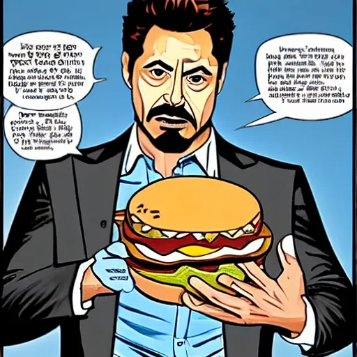 Prompt: tony stark eating a cheeseburger